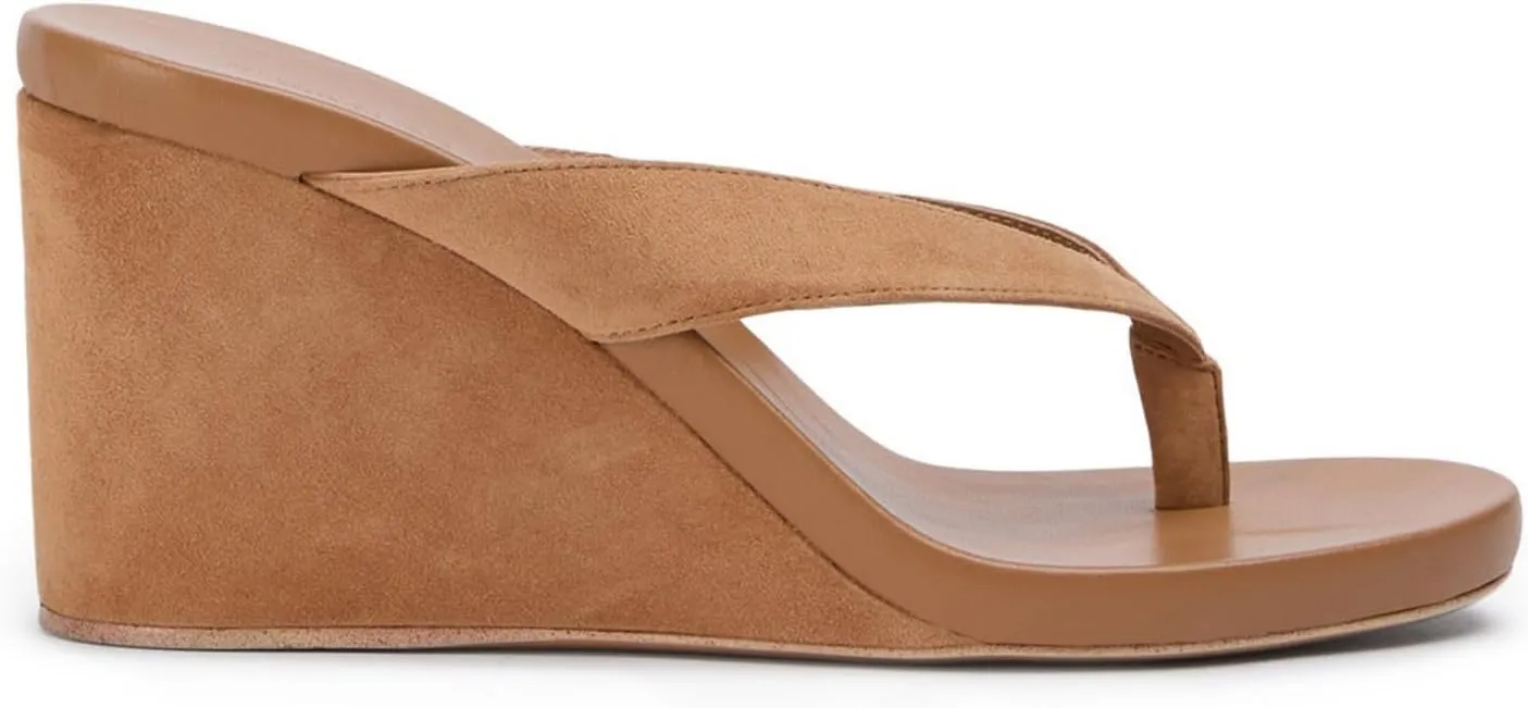 Goolita Suede Women's Wedge Flip Flop Sandals Platform Round Toe Strappy Thong Heels Sandals Summer Comfortable Casual Beach Slide Sandals