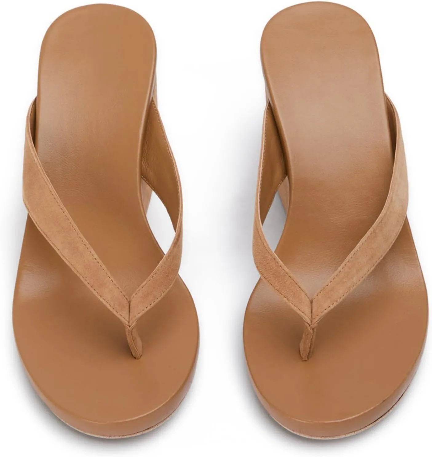 Goolita Suede Women's Wedge Flip Flop Sandals Platform Round Toe Strappy Thong Heels Sandals Summer Comfortable Casual Beach Slide Sandals
