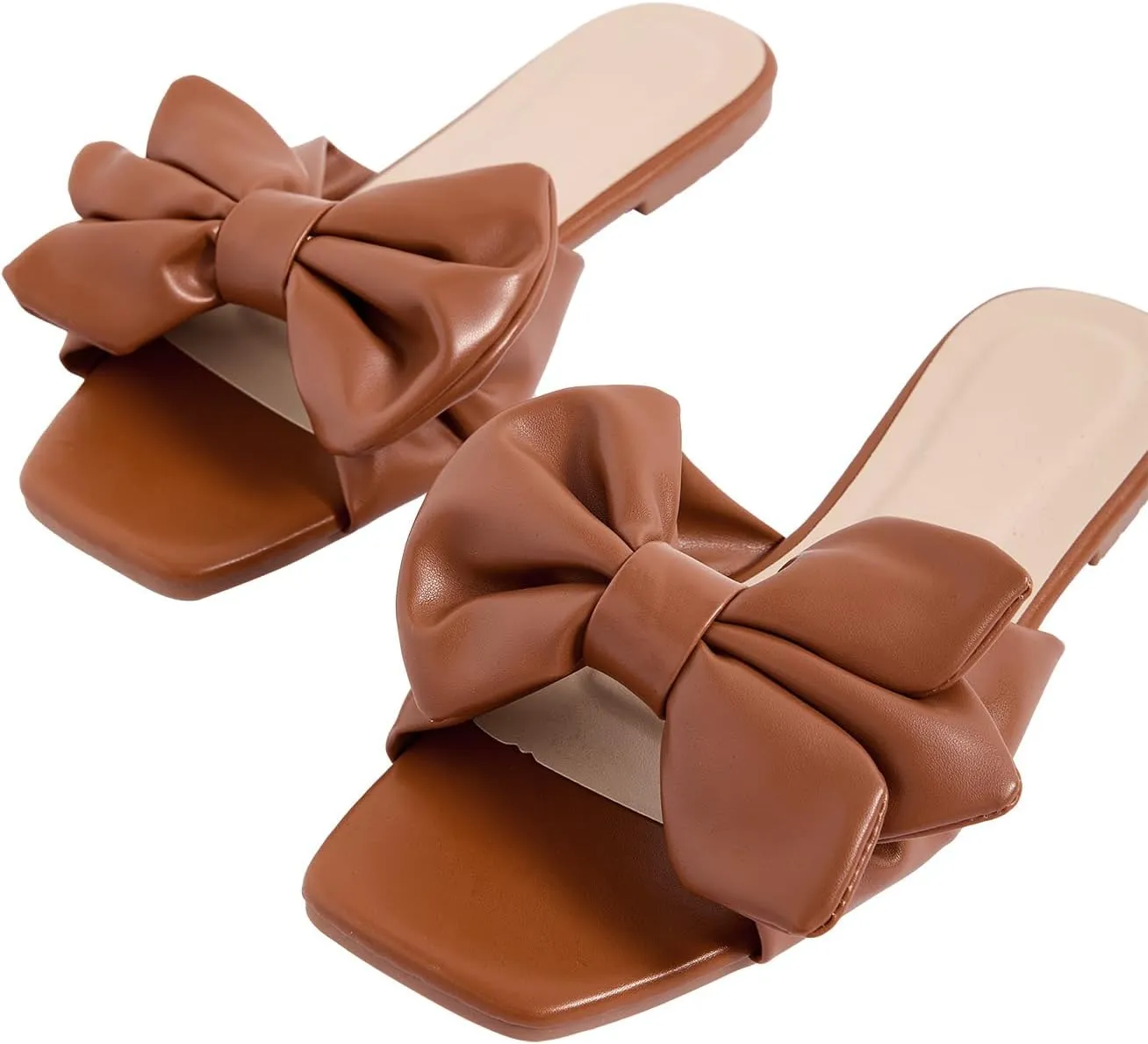 GORGLITTER Women's Bow Flat Sandals Dressy Square Open Toe Sandals Comfortable Slip On Slide Sandals