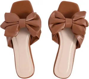 GORGLITTER Women's Bow Flat Sandals Dressy Square Open Toe Sandals Comfortable Slip On Slide Sandals