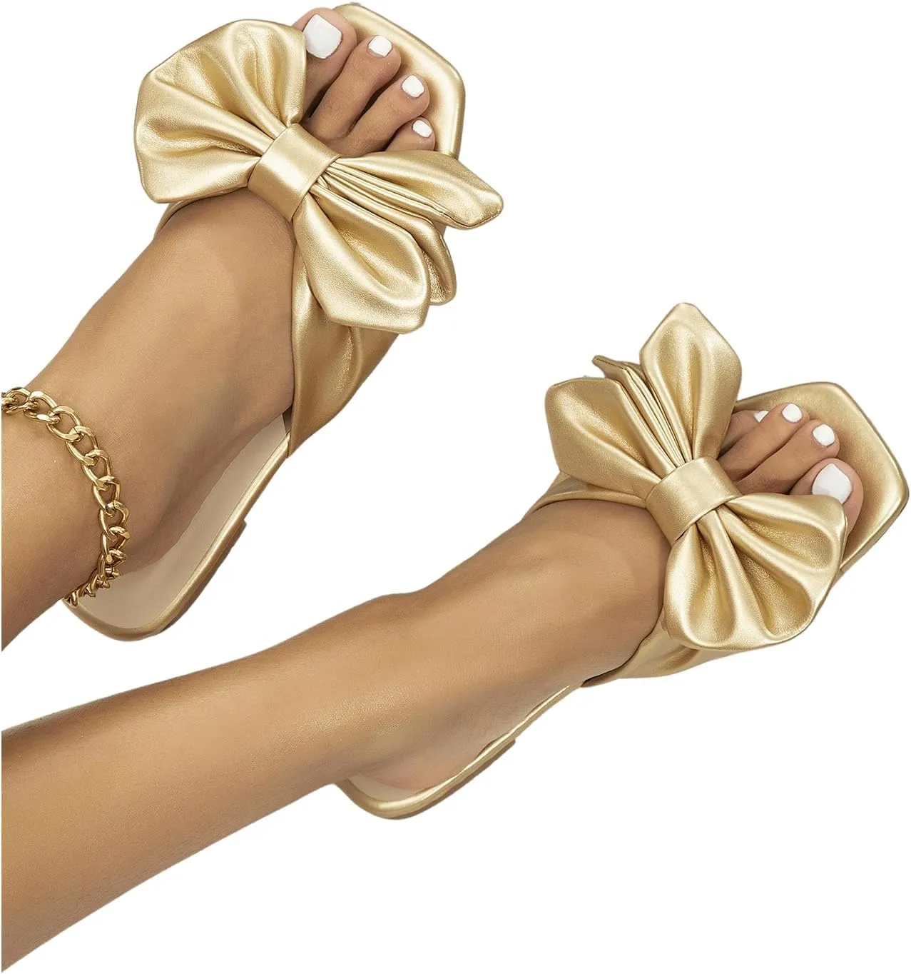 GORGLITTER Women's Bow Flat Sandals Dressy Square Open Toe Sandals Comfortable Slip On Slide Sandals