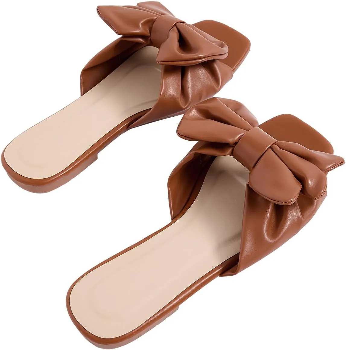 GORGLITTER Women's Bow Flat Sandals Dressy Square Open Toe Sandals Comfortable Slip On Slide Sandals