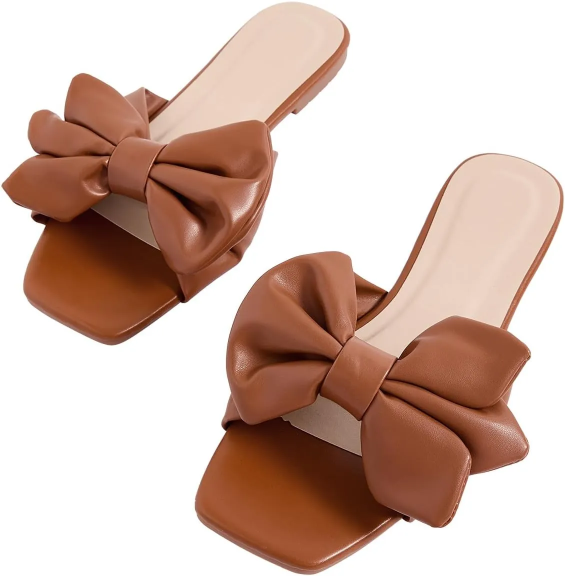 GORGLITTER Women's Bow Flat Sandals Dressy Square Open Toe Sandals Comfortable Slip On Slide Sandals