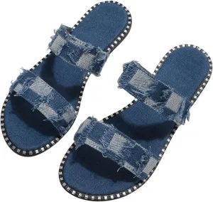 GORGLITTER Women's Denim Dressy Sandals Comfortable Flat Sandals Cute Slip On Slide Shoes
