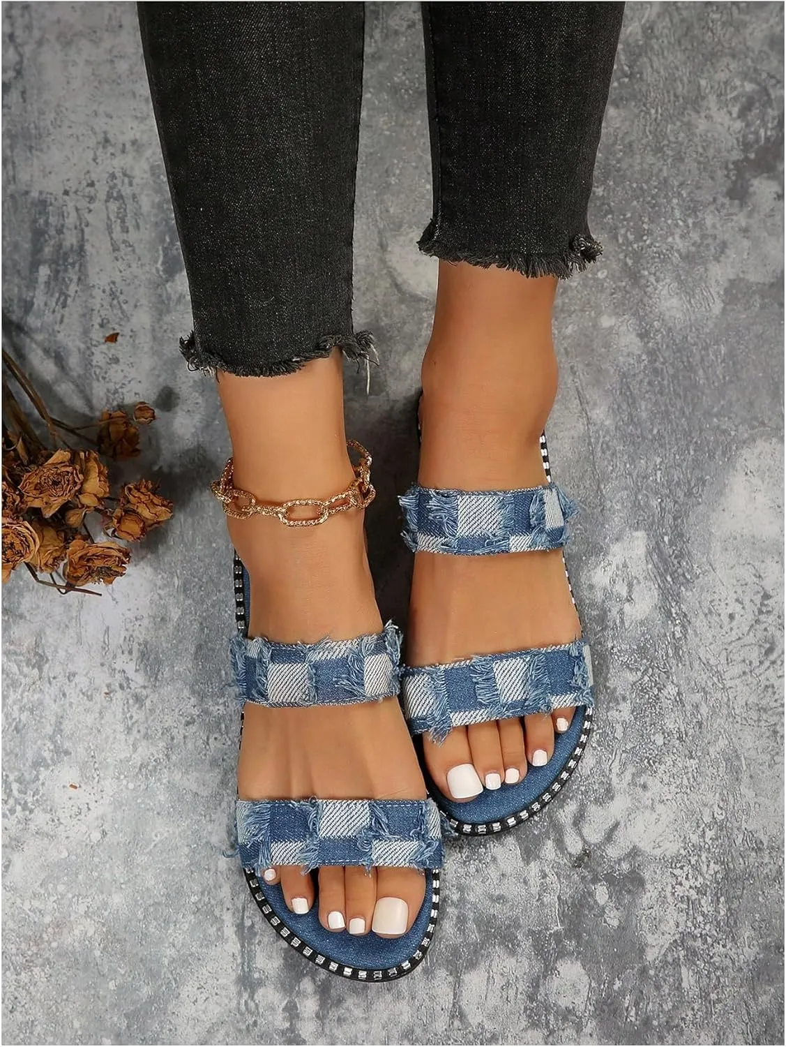 GORGLITTER Women's Denim Dressy Sandals Comfortable Flat Sandals Cute Slip On Slide Shoes