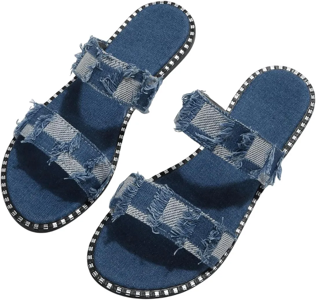GORGLITTER Women's Denim Dressy Sandals Comfortable Flat Sandals Cute Slip On Slide Shoes