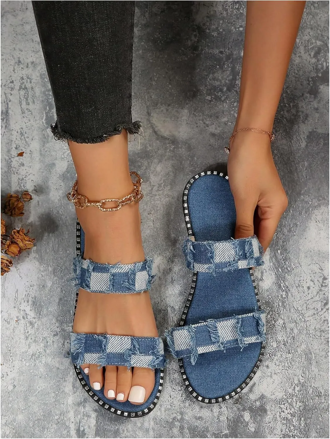 GORGLITTER Women's Denim Dressy Sandals Comfortable Flat Sandals Cute Slip On Slide Shoes