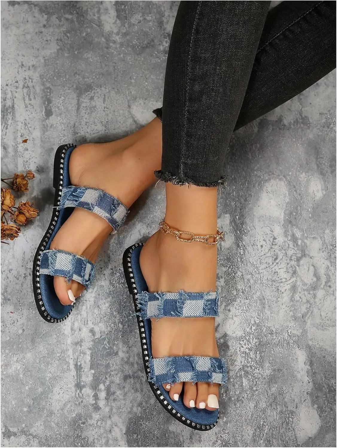 GORGLITTER Women's Denim Dressy Sandals Comfortable Flat Sandals Cute Slip On Slide Shoes
