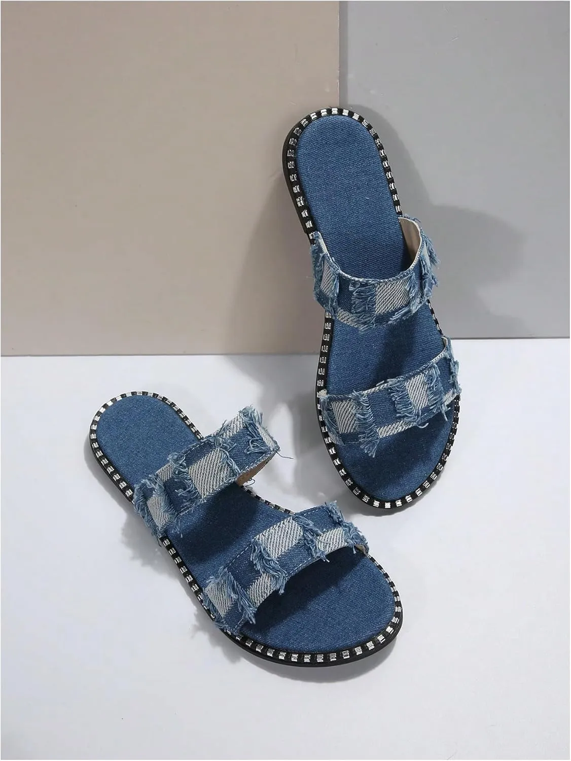 GORGLITTER Women's Denim Dressy Sandals Comfortable Flat Sandals Cute Slip On Slide Shoes