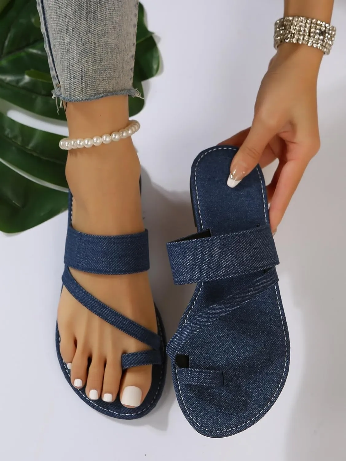 GORGLITTER Women's Denim Jean Sandals Cute Dressy Toe Ring Strappy Slip on Slide Flats Sandal