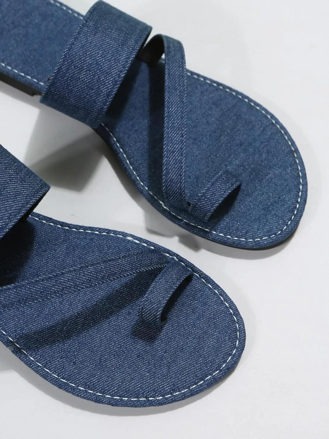 GORGLITTER Women's Denim Jean Sandals Cute Dressy Toe Ring Strappy Slip on Slide Flats Sandal