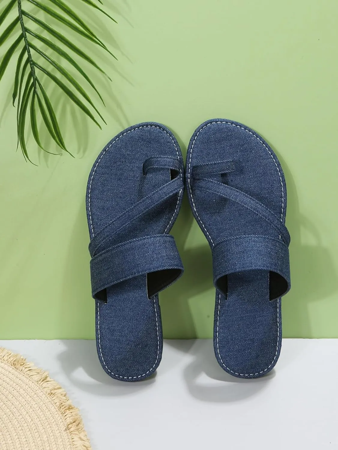 GORGLITTER Women's Denim Jean Sandals Cute Dressy Toe Ring Strappy Slip on Slide Flats Sandal