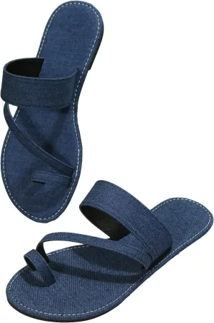 GORGLITTER Women's Denim Jean Sandals Cute Dressy Toe Ring Strappy Slip on Slide Flats Sandal