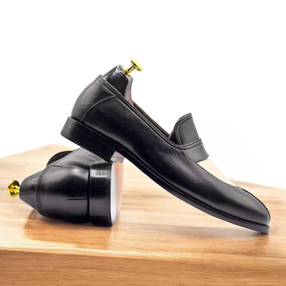 Handmade Black & White Leather Penny Loafers at Posh Footwears.