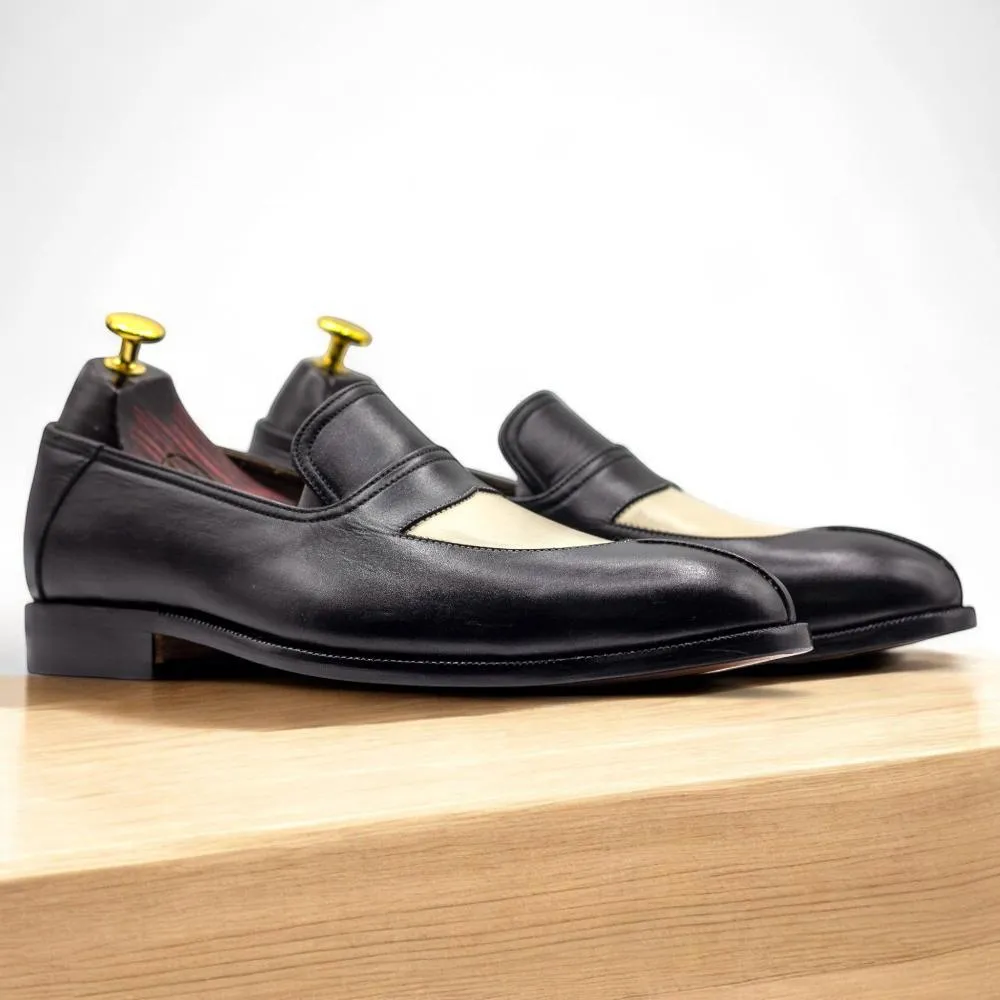 Handmade Black & White Leather Penny Loafers at Posh Footwears.