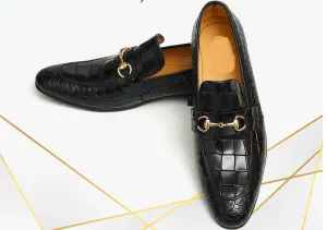 Handmade Mens black crocodile moccasins loafer, Men alligators texture shoe