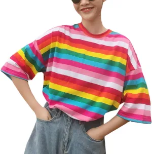 Haoohu Women's Colorful Stripe T-Shirt Rainbow Round Neck Short Sleeve Basic Shirt Top Blouse