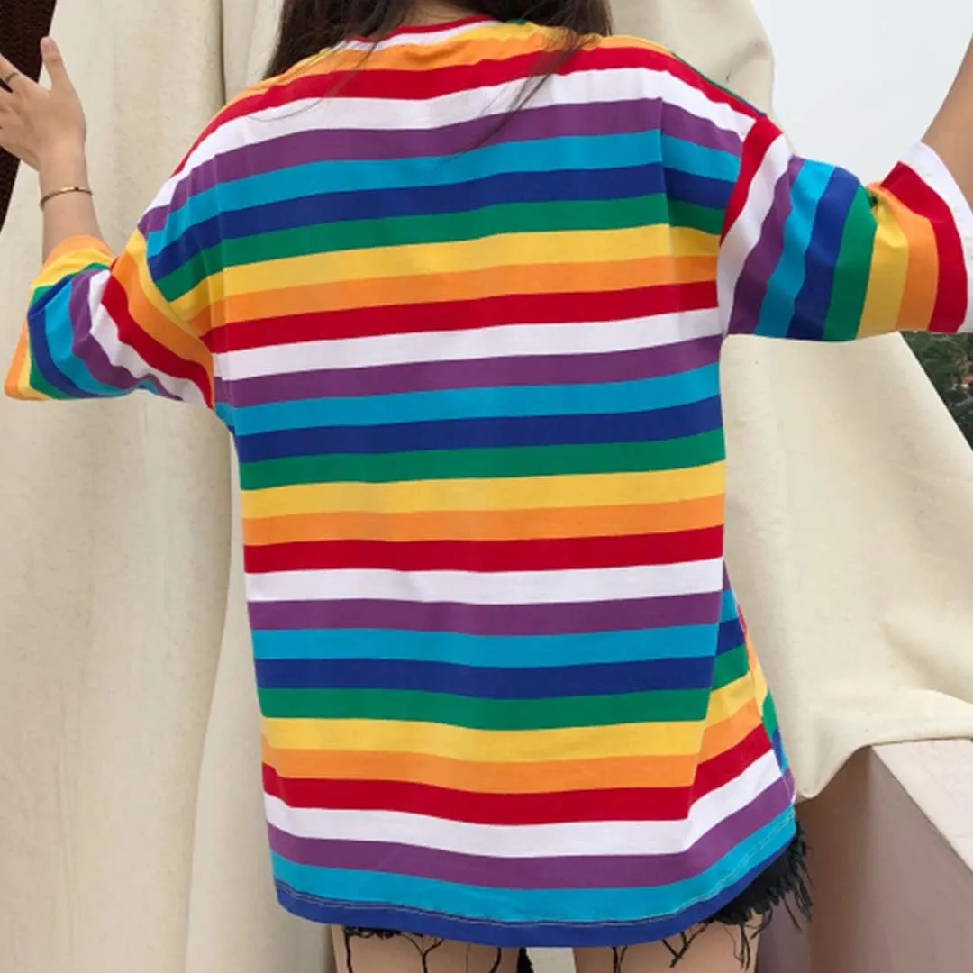 Haoohu Women's Colorful Stripe T-Shirt Rainbow Round Neck Short Sleeve Basic Shirt Top Blouse
