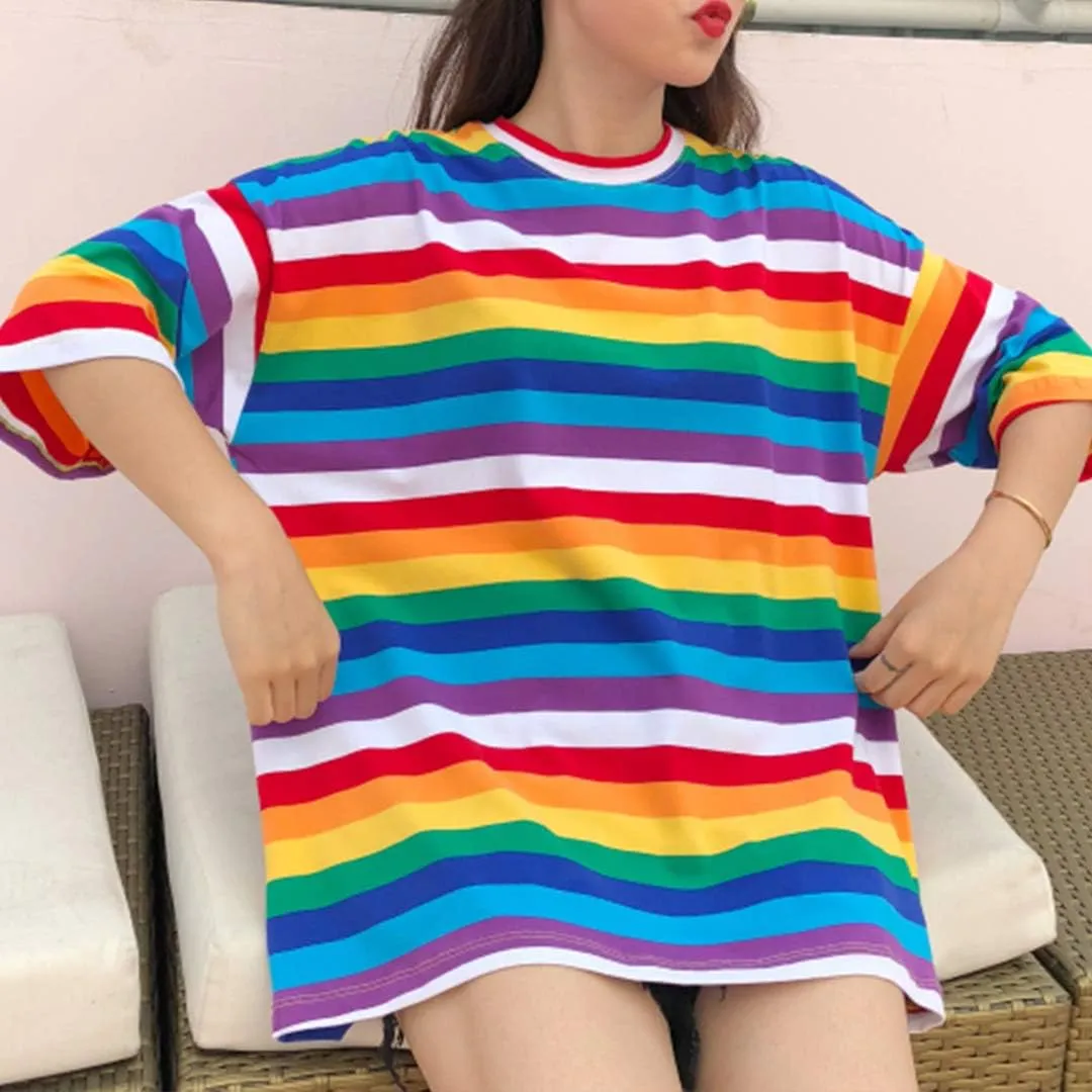 Haoohu Women's Colorful Stripe T-Shirt Rainbow Round Neck Short Sleeve Basic Shirt Top Blouse