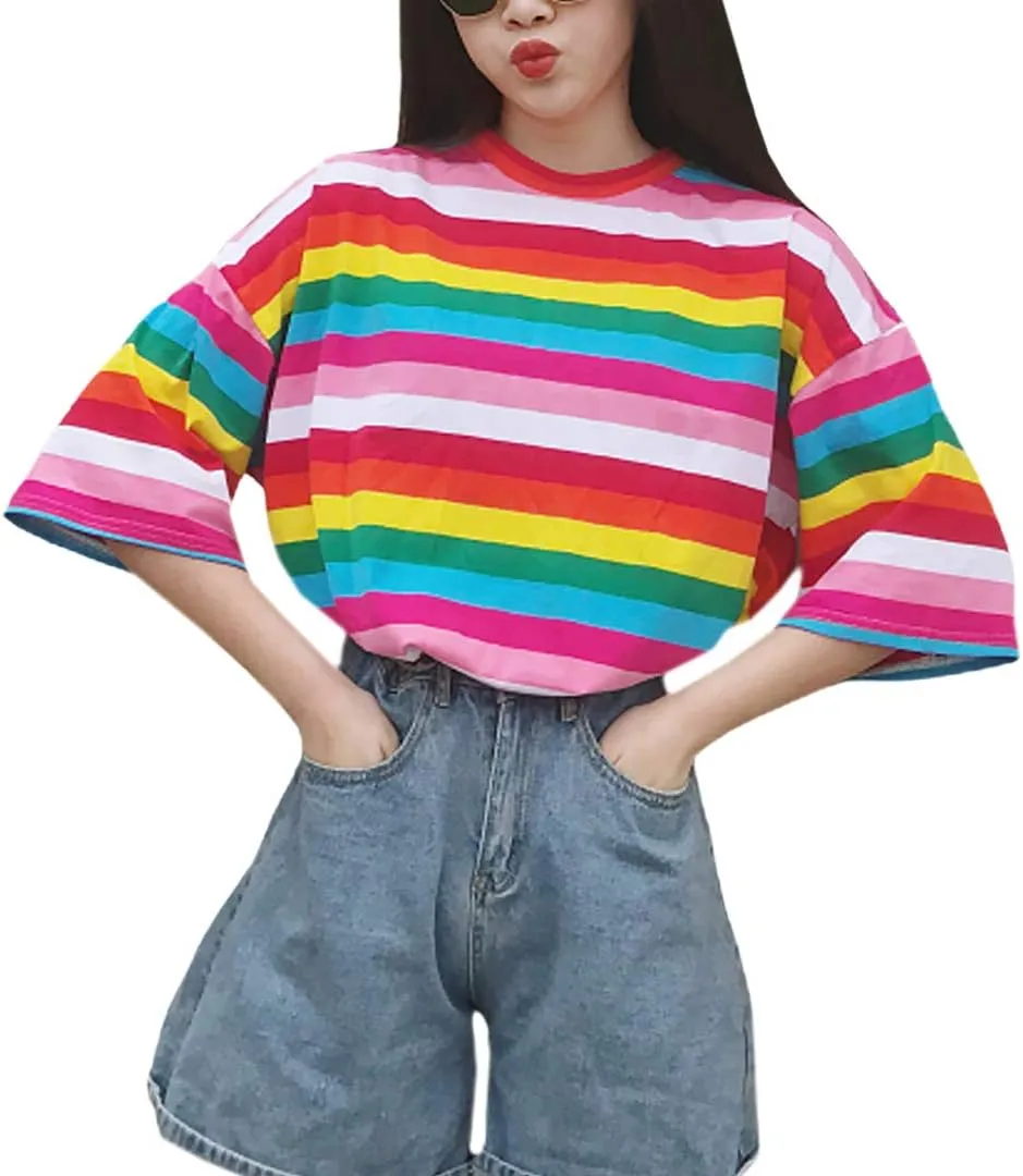 Haoohu Women's Colorful Stripe T-Shirt Rainbow Round Neck Short Sleeve Basic Shirt Top Blouse