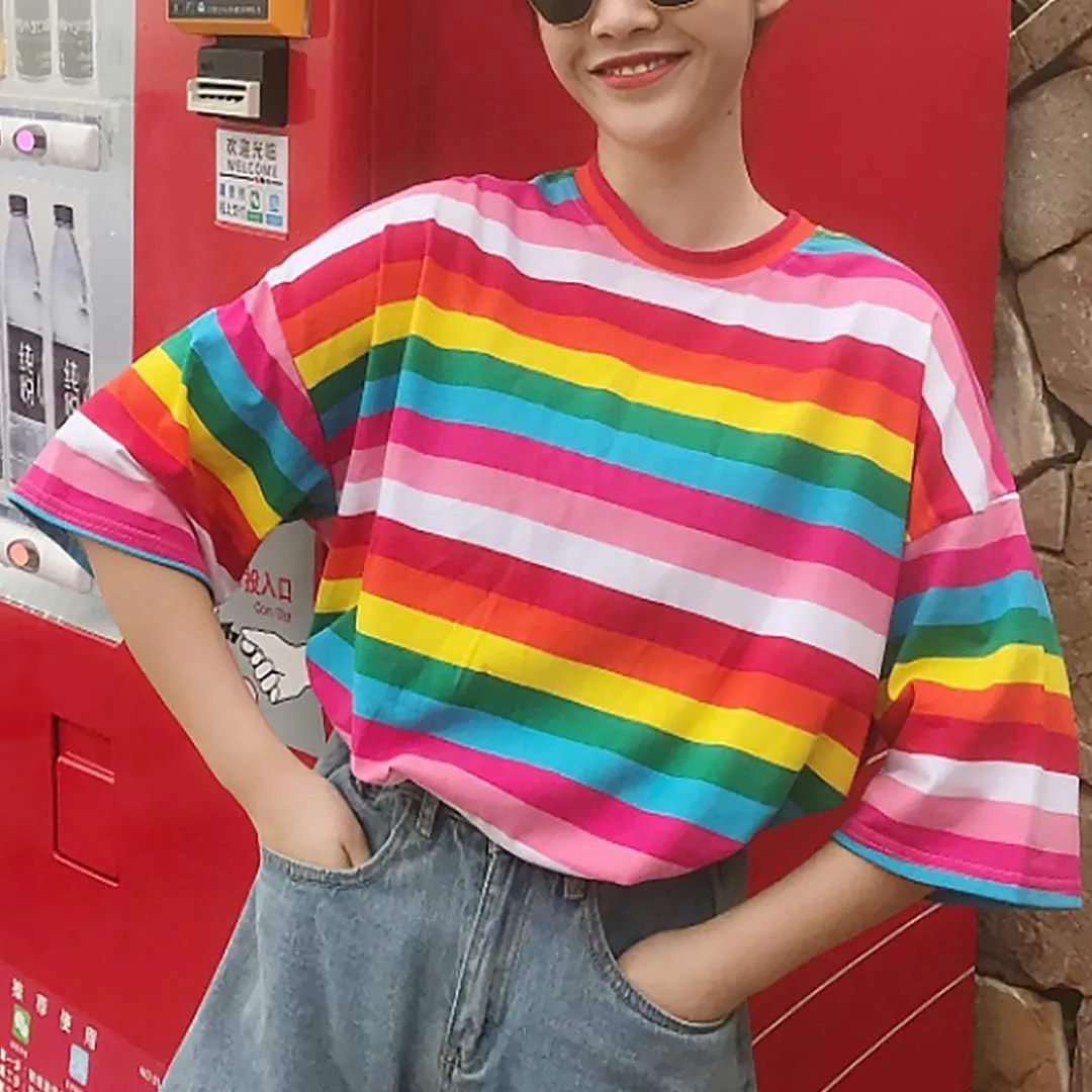 Haoohu Women's Colorful Stripe T-Shirt Rainbow Round Neck Short Sleeve Basic Shirt Top Blouse