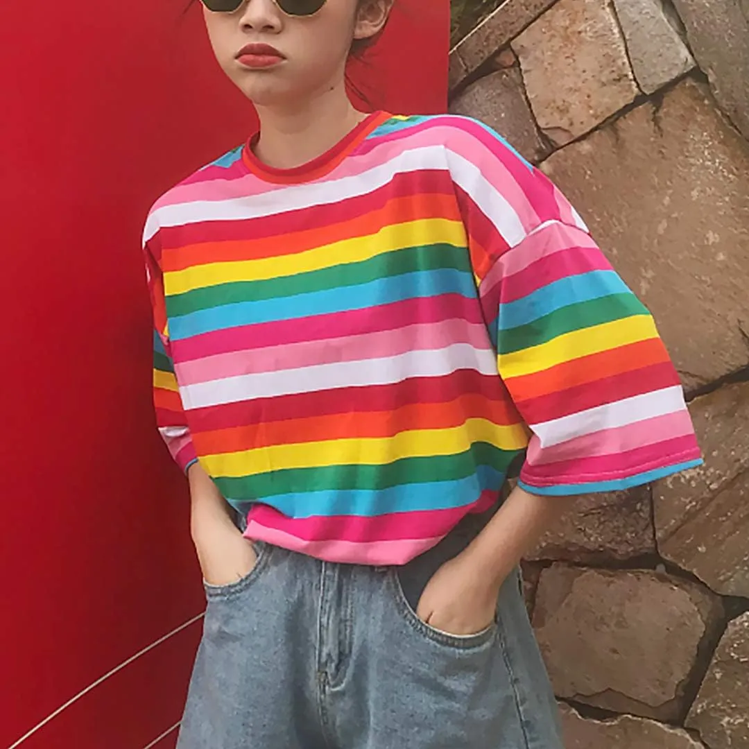 Haoohu Women's Colorful Stripe T-Shirt Rainbow Round Neck Short Sleeve Basic Shirt Top Blouse
