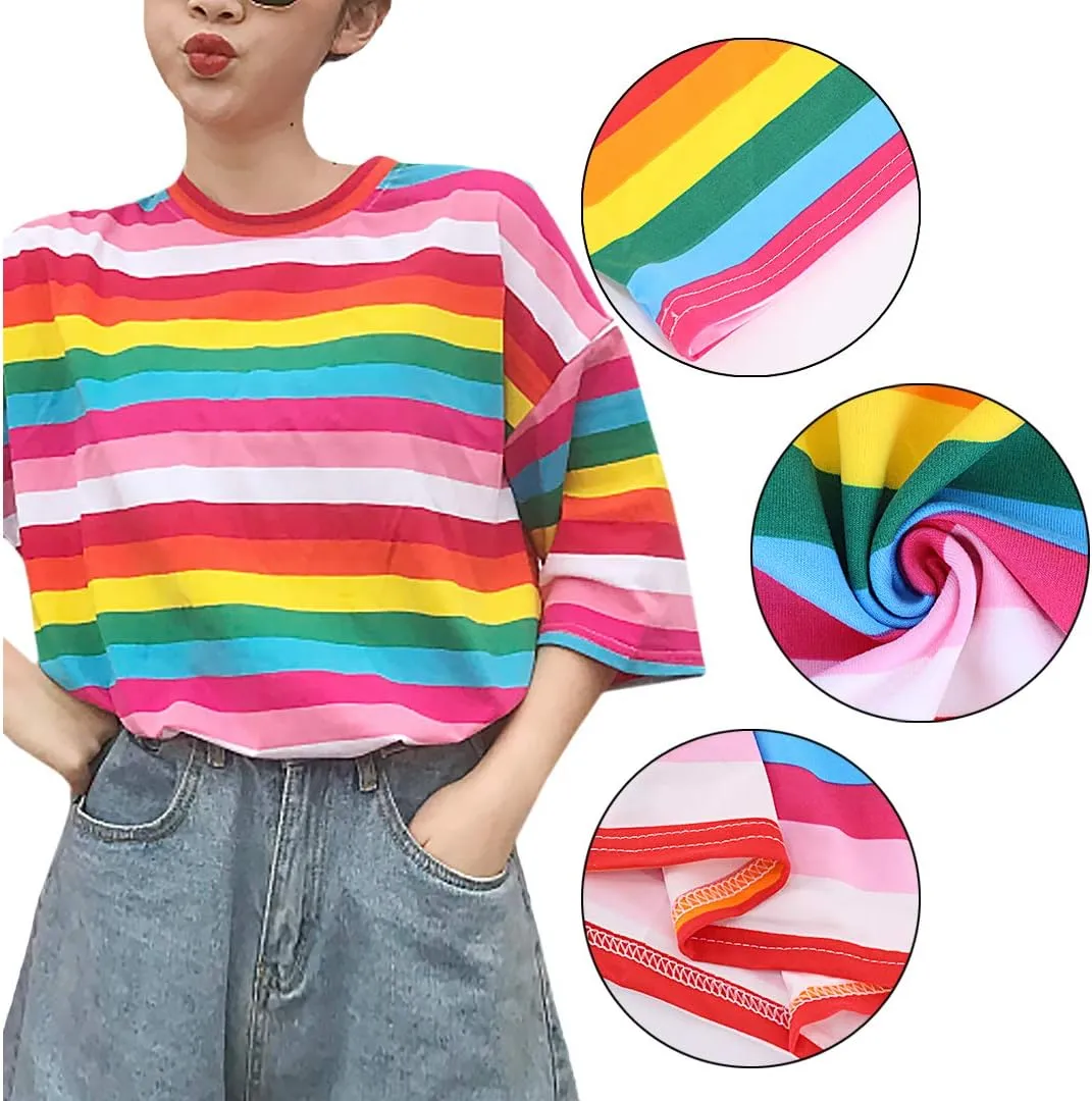 Haoohu Women's Colorful Stripe T-Shirt Rainbow Round Neck Short Sleeve Basic Shirt Top Blouse