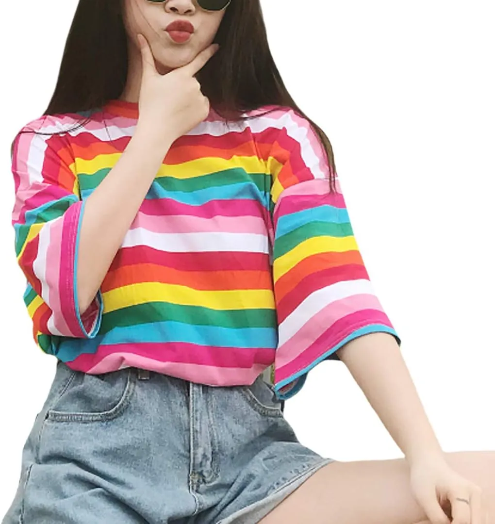 Haoohu Women's Colorful Stripe T-Shirt Rainbow Round Neck Short Sleeve Basic Shirt Top Blouse