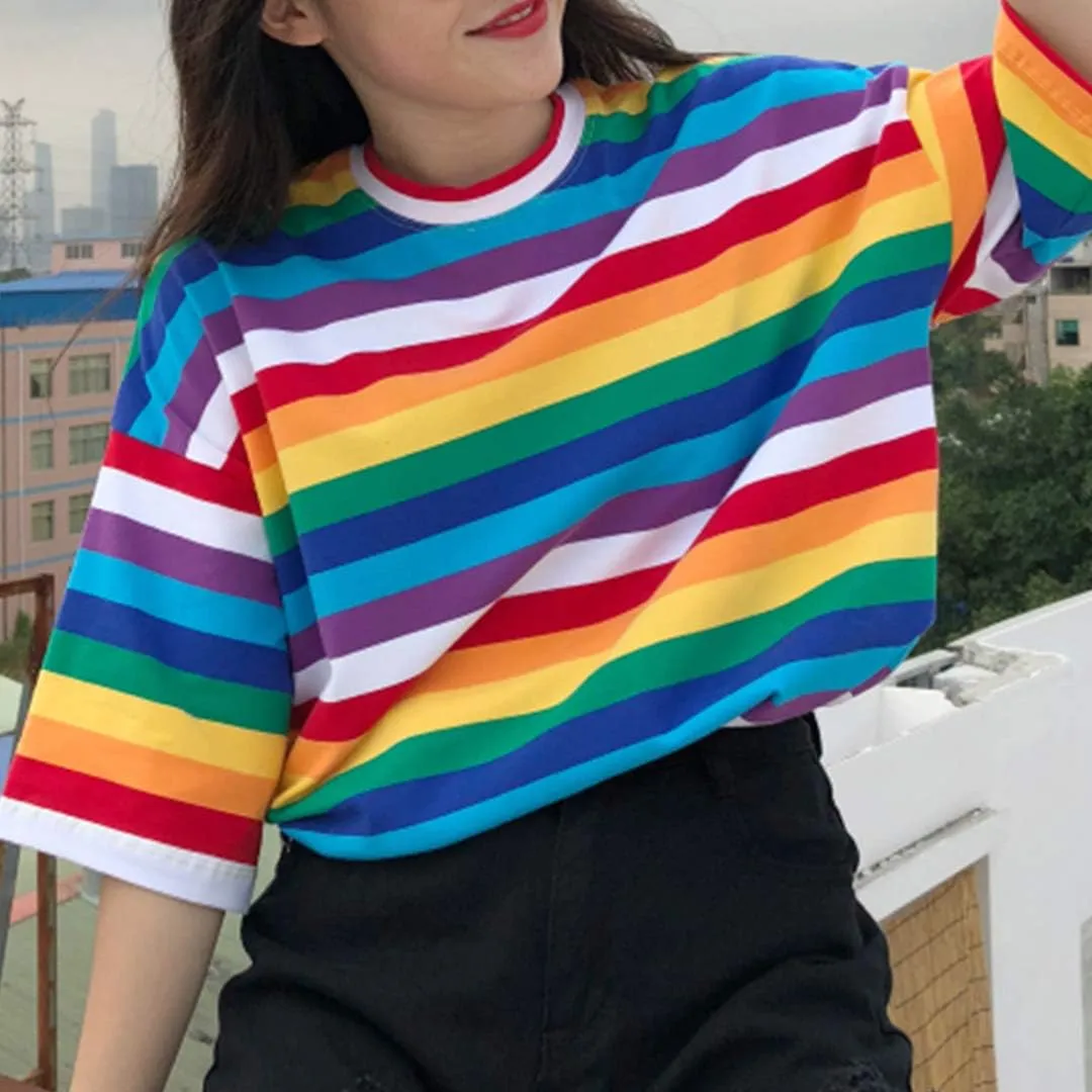 Haoohu Women's Colorful Stripe T-Shirt Rainbow Round Neck Short Sleeve Basic Shirt Top Blouse