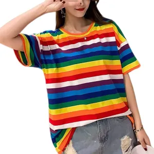 Haoohu Women's Colorful Stripe T-Shirt Rainbow Round Neck Short Sleeve Basic Shirt Top Blouse