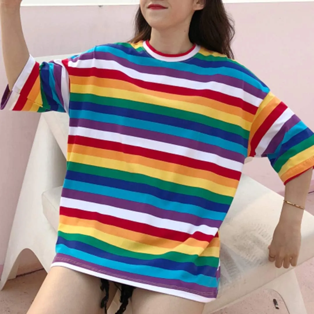 Haoohu Women's Colorful Stripe T-Shirt Rainbow Round Neck Short Sleeve Basic Shirt Top Blouse