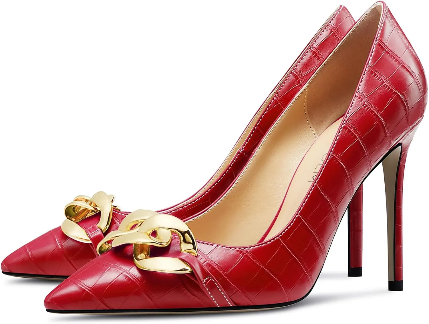 HDEUOLM Womens Stiletto High Heel Pointed Toe Pumps Slip-on Metal Chain Office Basic Classic 3.9 Inches Heels