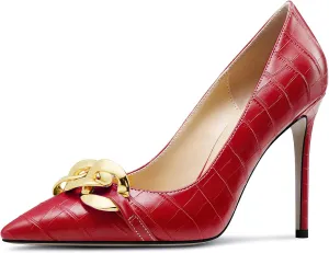 HDEUOLM Womens Stiletto High Heel Pointed Toe Pumps Slip-on Metal Chain Office Basic Classic 3.9 Inches Heels