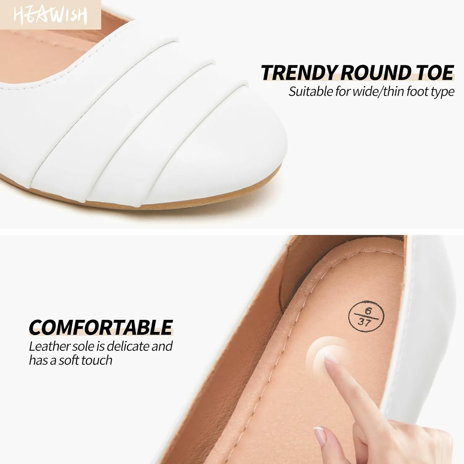 HEAWISH Women's Black Flats Shoes Round Toe Slip On Casual Ballet Flats PU Leather Dressy Work Shoes