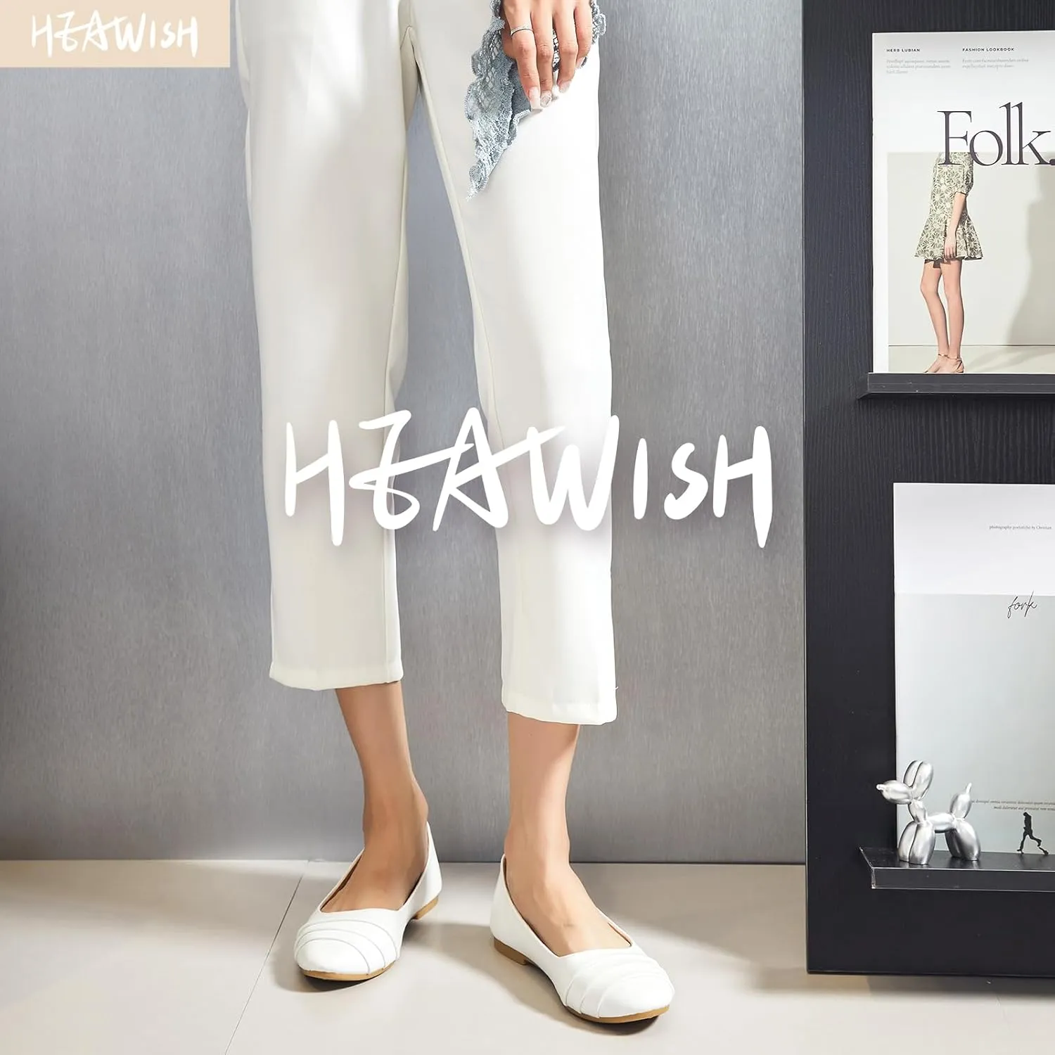 HEAWISH Women's Black Flats Shoes Round Toe Slip On Casual Ballet Flats PU Leather Dressy Work Shoes