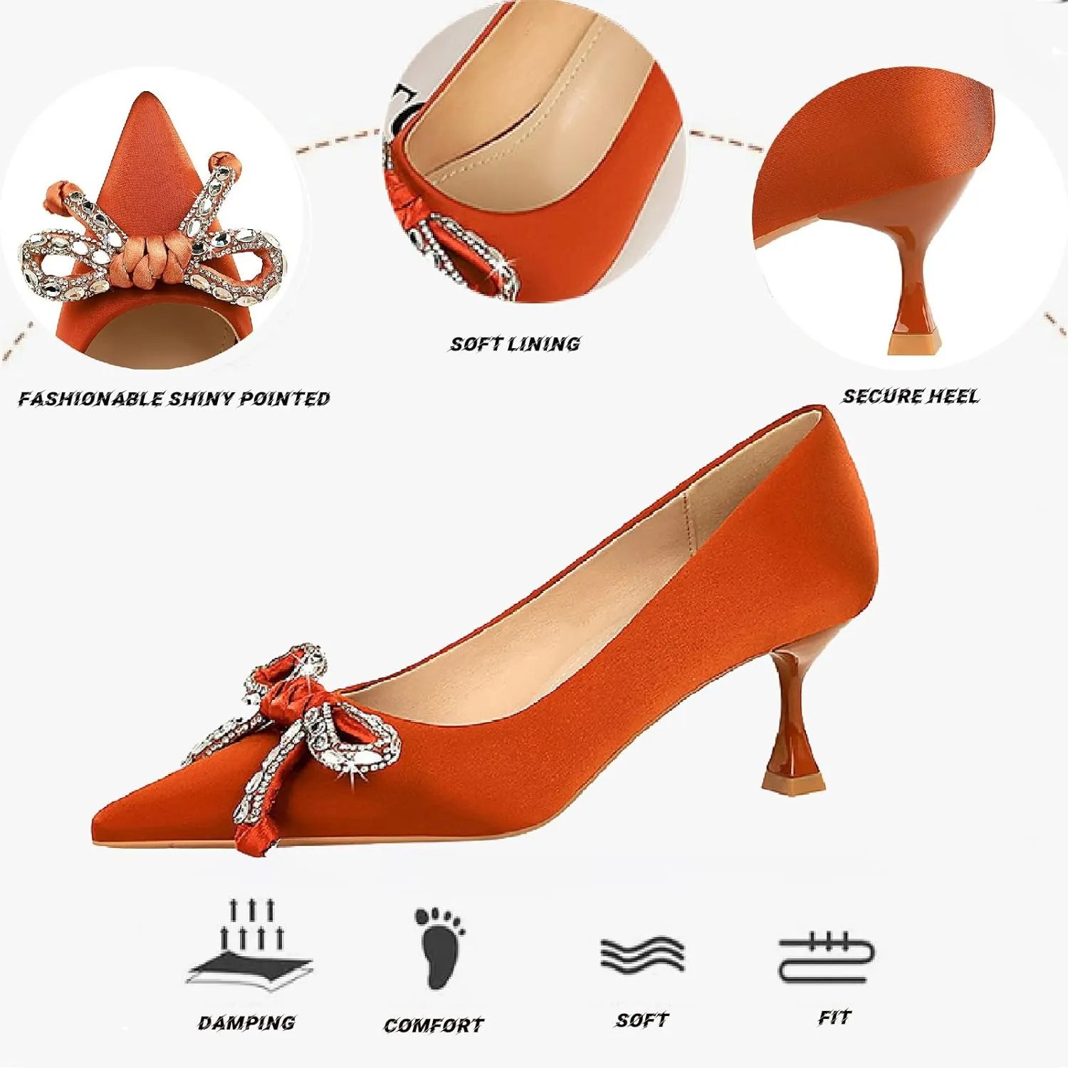 HEBHG Women's Satin Shiny Bow Stilettos Sexy Rhinestone Closed Pointed Toe Slip On Dress Pumps Fashion Elegant Versatile Wedding Bridal Party Shoes