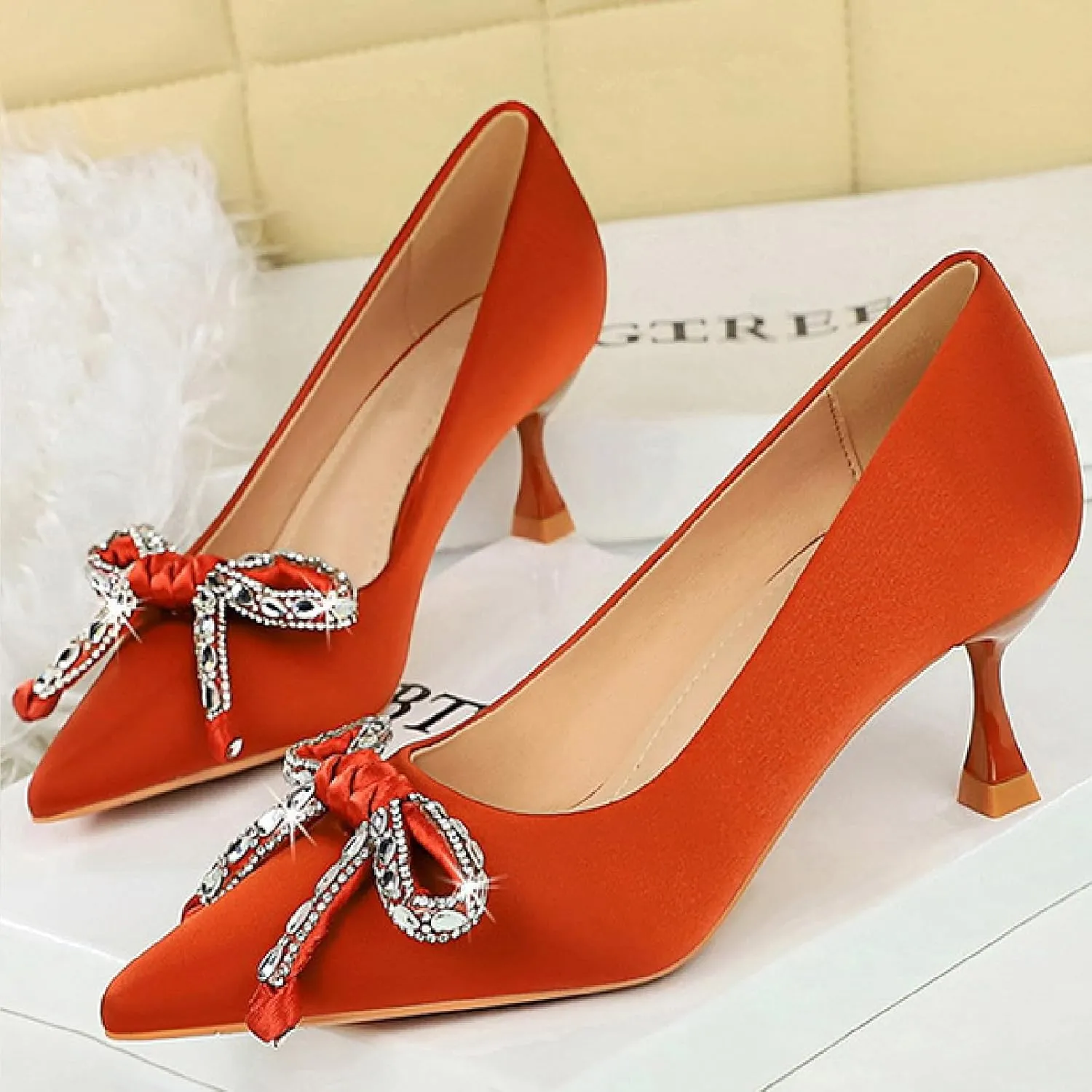 HEBHG Women's Satin Shiny Bow Stilettos Sexy Rhinestone Closed Pointed Toe Slip On Dress Pumps Fashion Elegant Versatile Wedding Bridal Party Shoes