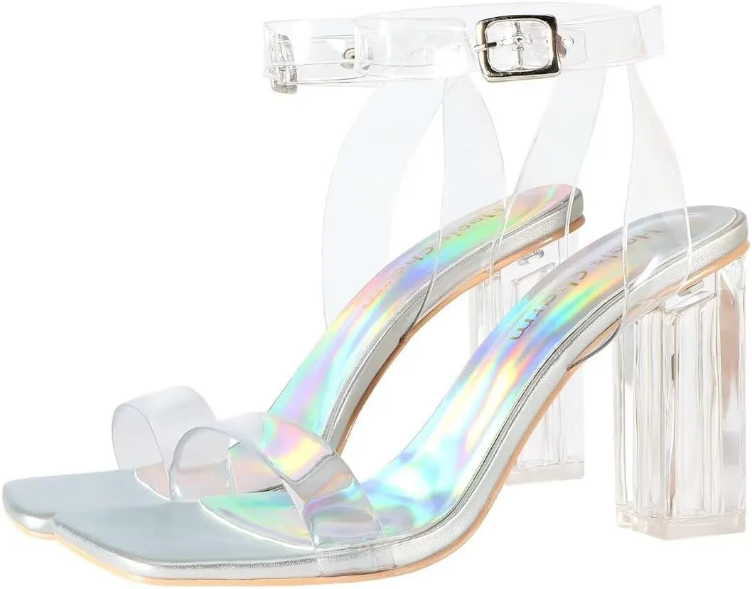 Heels Charm Women's Clear Chunky Block Heeled Sandals 3.74 Inches Open Toe Ankle Strap Block High Heel Sandal Dress Dancing Sandals Daily Work Party Shoes