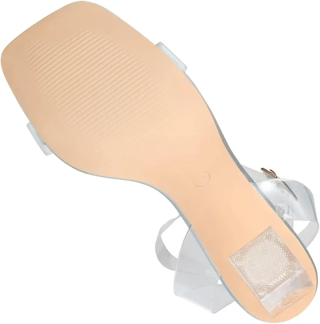 Heels Charm Women's Clear Chunky Block Heeled Sandals 3.74 Inches Open Toe Ankle Strap Block High Heel Sandal Dress Dancing Sandals Daily Work Party Shoes
