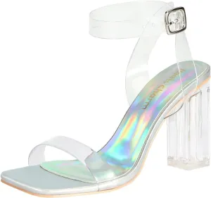 Heels Charm Women's Clear Chunky Block Heeled Sandals 3.74 Inches Open Toe Ankle Strap Block High Heel Sandal Dress Dancing Sandals Daily Work Party Shoes