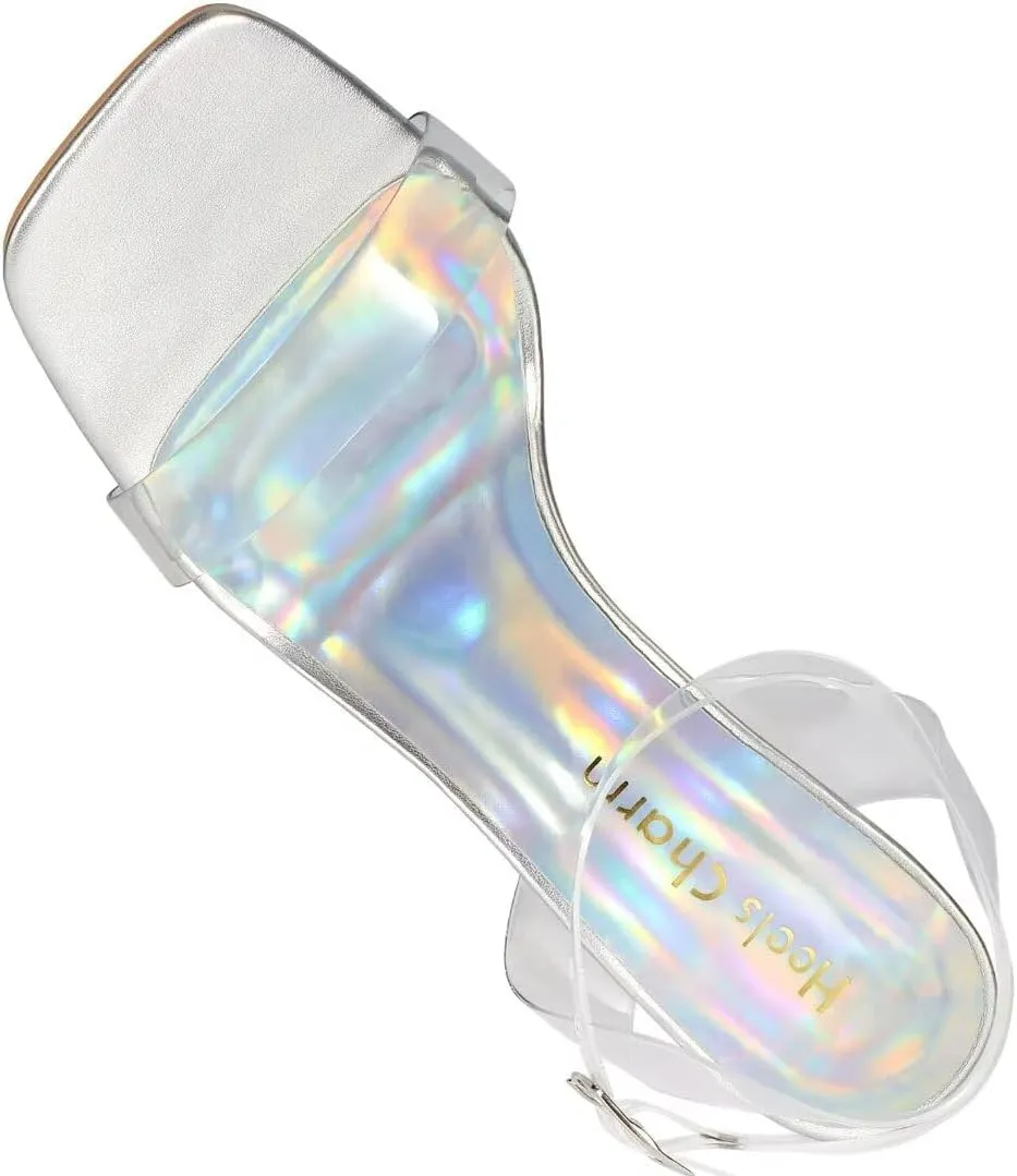 Heels Charm Women's Clear Chunky Block Heeled Sandals 3.74 Inches Open Toe Ankle Strap Block High Heel Sandal Dress Dancing Sandals Daily Work Party Shoes