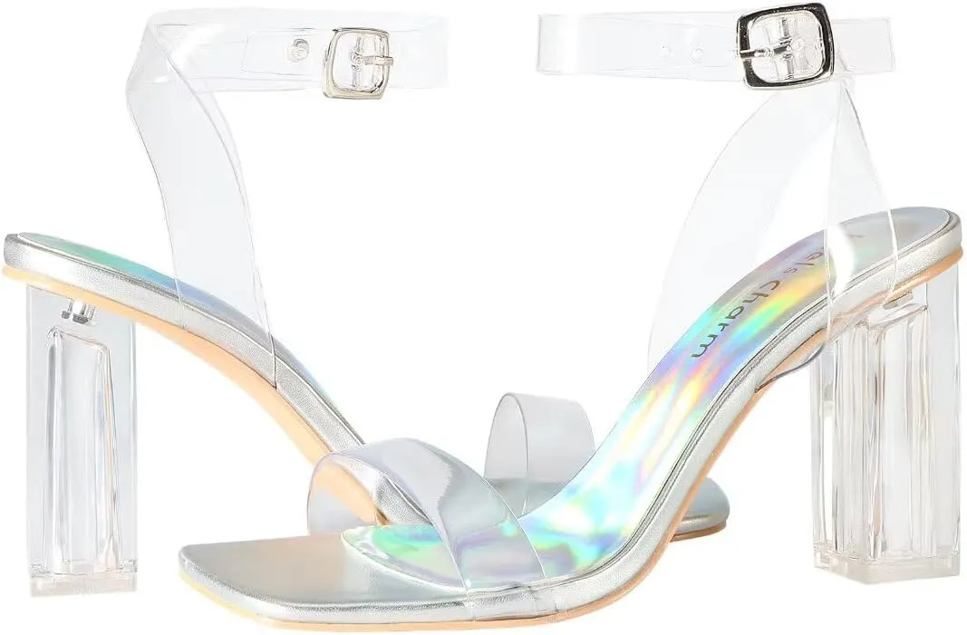 Heels Charm Women's Clear Chunky Block Heeled Sandals 3.74 Inches Open Toe Ankle Strap Block High Heel Sandal Dress Dancing Sandals Daily Work Party Shoes