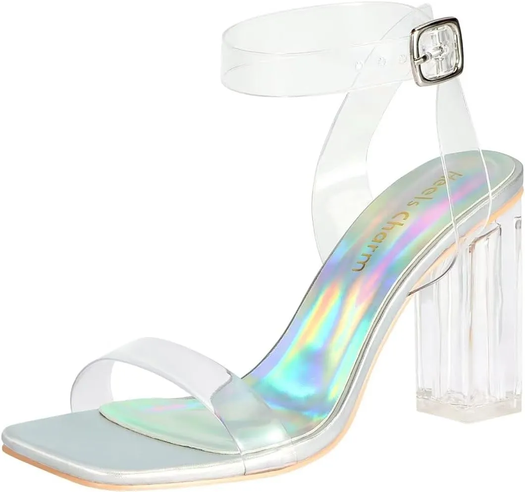 Heels Charm Women's Clear Chunky Block Heeled Sandals 3.74 Inches Open Toe Ankle Strap Block High Heel Sandal Dress Dancing Sandals Daily Work Party Shoes