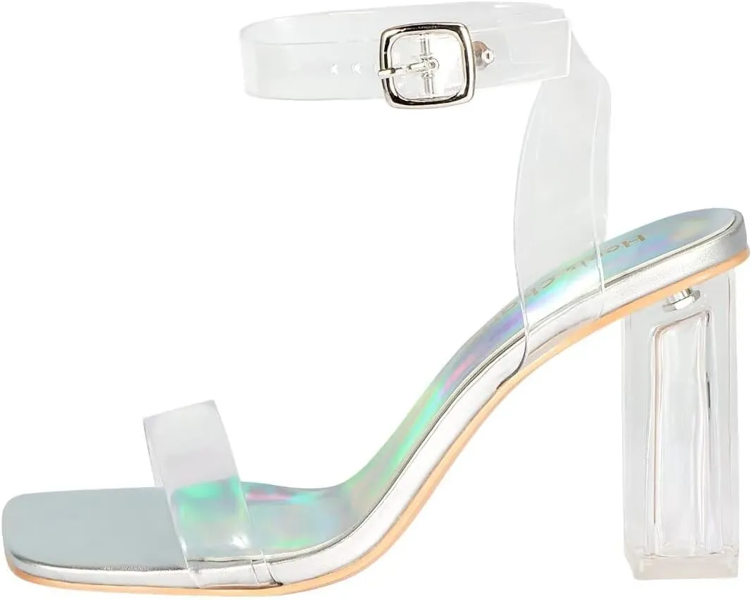 Heels Charm Women's Clear Chunky Block Heeled Sandals 3.74 Inches Open Toe Ankle Strap Block High Heel Sandal Dress Dancing Sandals Daily Work Party Shoes