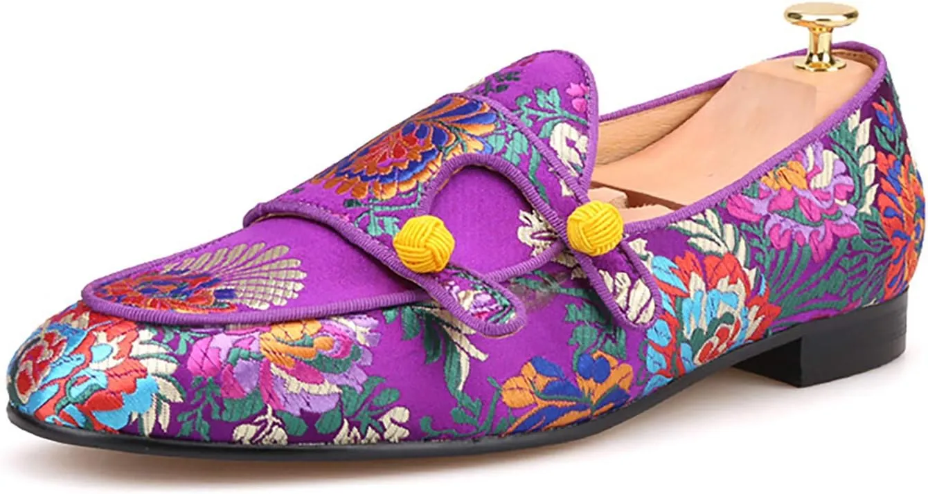 HI&HANN Men Silk Shoes Chinese Style Flower Men's Loafers Wedding and Party Smoking Slippers