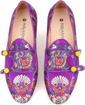 HI&HANN Men Silk Shoes Chinese Style Flower Men's Loafers Wedding and Party Smoking Slippers