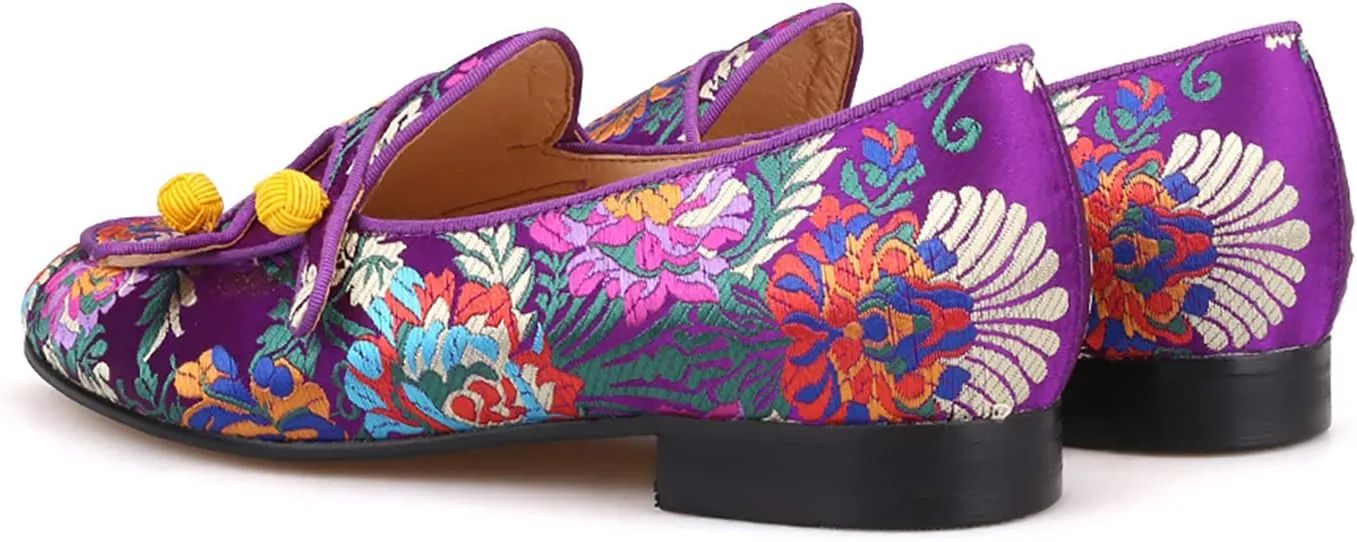 HI&HANN Men Silk Shoes Chinese Style Flower Men's Loafers Wedding and Party Smoking Slippers