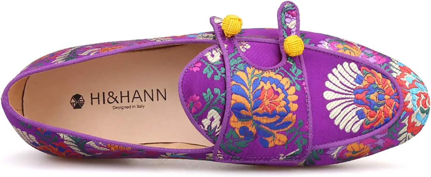 HI&HANN Men Silk Shoes Chinese Style Flower Men's Loafers Wedding and Party Smoking Slippers