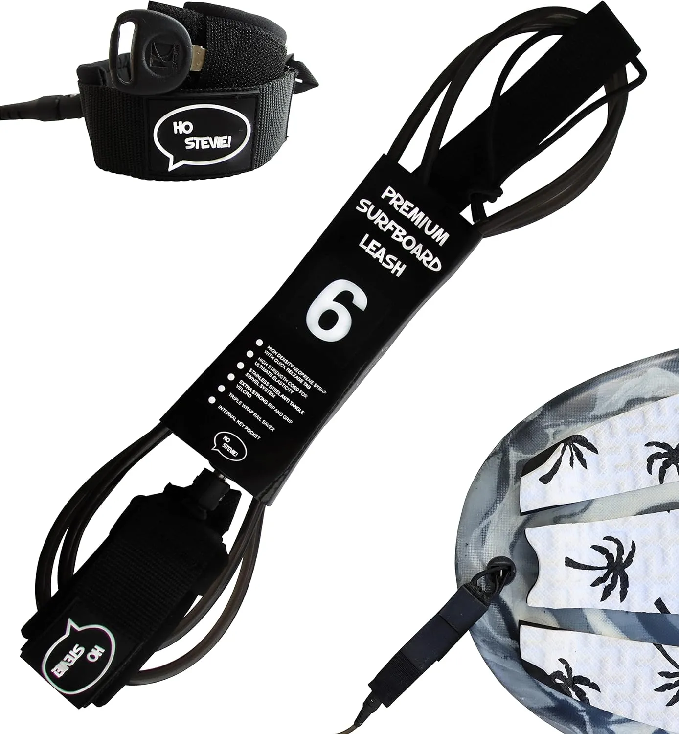 Ho Stevie! Premium Surf Leash [1 Year Warranty] Maximum Strength, Lightweight, Kink-Free, for All Types of Surfboards. 7mm Thick (1/4") 6/7/8/9 Feet