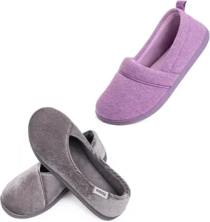 HomeTop Women's Comfort Memory Foam House Shoes, Ladies' Light Weight Terry Cloth Loafer Slippers Set of 2 Pairs (US Size 9,9)